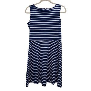 Talbots Fit and Flare Dress Womens MP Blue White Striped Nautical Preppy Classic